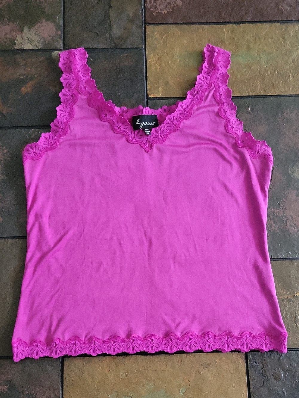 Lynn Ritchie Lace Trim Silk Blend Tank Top, M, Magenta, EUC
